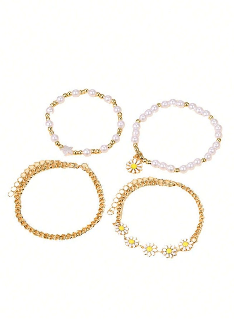 KHAJUL 4-Piece Daisy Flower Bracelet, Pearl Beaded Flower Bracelet, Multilayer Bracelet Set Flower Bracelet Women Jewelry - Image 2