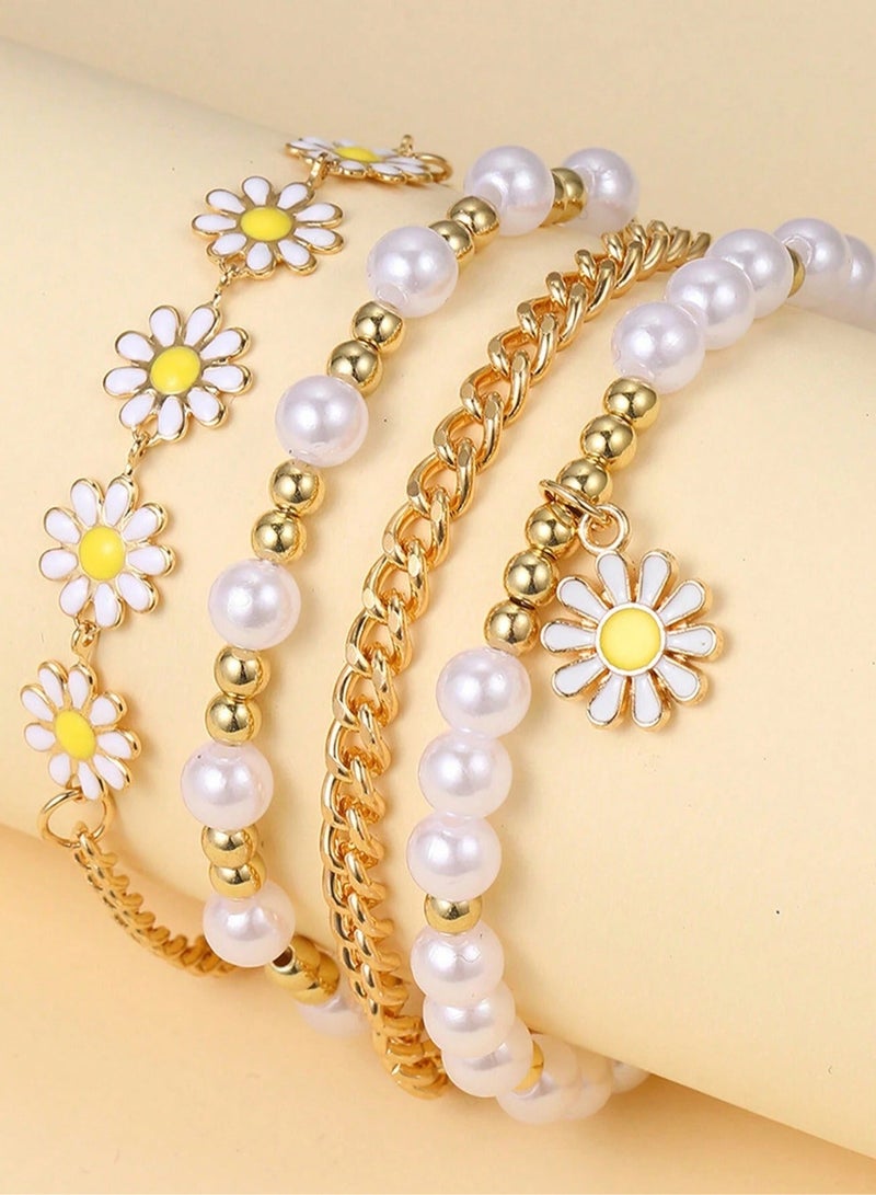 KHAJUL 4-Piece Daisy Flower Bracelet, Pearl Beaded Flower Bracelet, Multilayer Bracelet Set Flower Bracelet Women Jewelry - Image 4