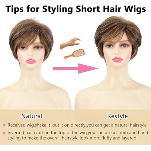 TISHINING Pixie Cut Brown Short Hair Wigs for White Women with Bangs Brown Mixed Blonde Highlights Layered Natural Looking Synthetic Hair Replacement Wigs for Daily Party Use - Image 5