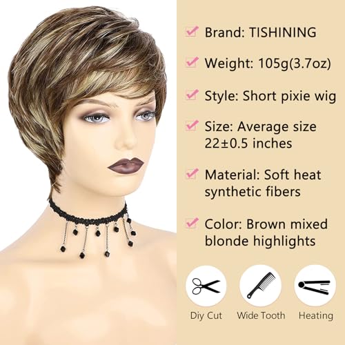 TISHINING Pixie Cut Brown Short Hair Wigs for White Women with Bangs Brown Mixed Blonde Highlights Layered Natural Looking Synthetic Hair Replacement Wigs for Daily Party Use - Image 3