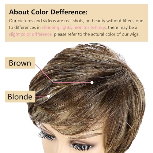 TISHINING Pixie Cut Brown Short Hair Wigs for White Women with Bangs Brown Mixed Blonde Highlights Layered Natural Looking Synthetic Hair Replacement Wigs for Daily Party Use - Image 4