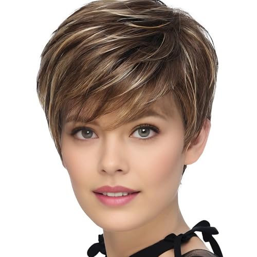 TISHINING Pixie Cut Brown Short Hair Wigs for White Women with Bangs Brown Mixed Blonde Highlights Layered Natural Looking Synthetic Hair Replacement Wigs for Daily Party Use - Image 1