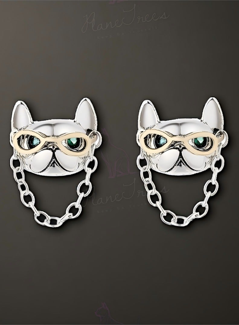 Plane Trees 925 Sterling Silver French Bulldog Earrings with Chain – Creative Animal Design for Women | PLANE TREES - Image 1