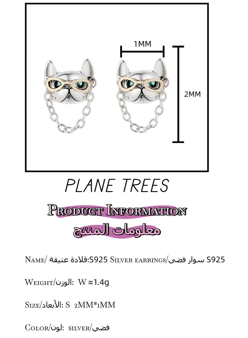 Plane Trees 925 Sterling Silver French Bulldog Earrings with Chain – Creative Animal Design for Women | PLANE TREES - Image 2