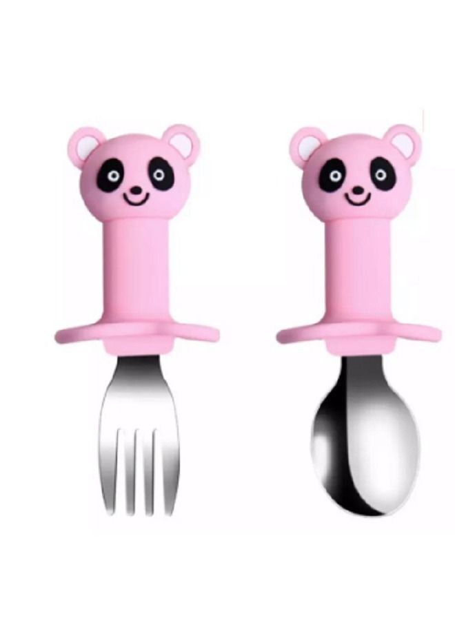 Brain Giggles Brain Giggles Short Handle Stainless Steel Baby Training Fork & Spoon Set - Bear  - Image 1