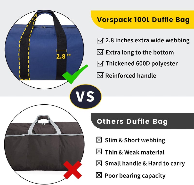 Vorspack Extra Large Duffle Bag for Travel - 100L Duffel Bag for Men Gear Bag for Storage Foldable Weekender Bag for Overnight Camping - Black - Image 2