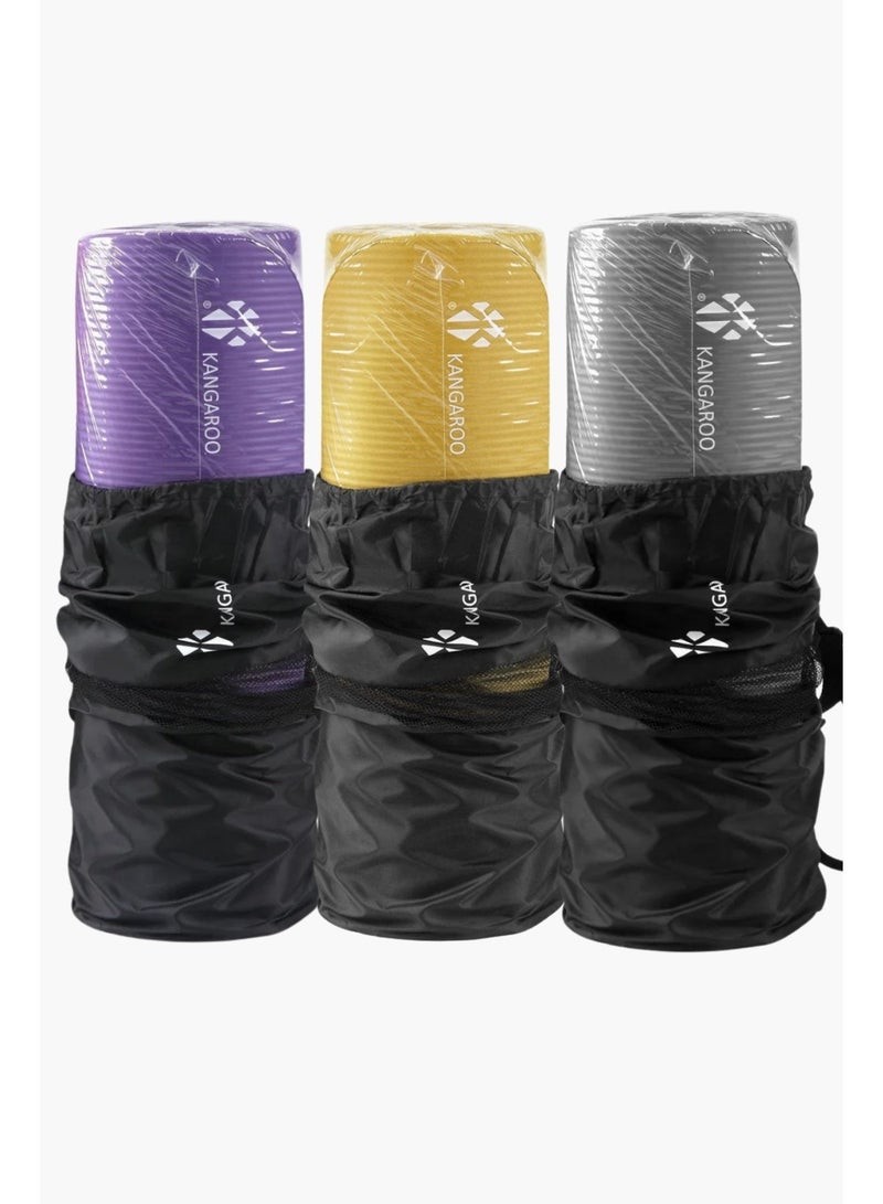 كانجرو مجموعة من 3 فرشات تمارين مقاومة  مع شنطة و شريط للحمل بمتانة 2سم للون الأخضر  و 1.5سم للبنفسجي والوردي