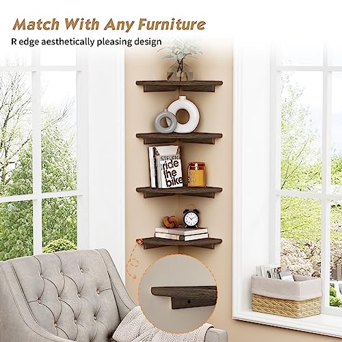 Forbena Floating Corner Shelves for Wall Set of 4, Small Corner Bookshelf for Bedroom Books, Round Wooden Corner Shelf Wall Mount for Bathroom Plants, Kitchen, Living Room Decor (Dark Brown) - Image 5