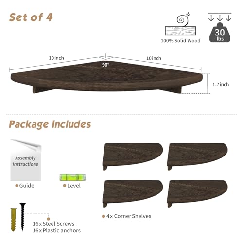 Forbena Floating Corner Shelves for Wall Set of 4, Small Corner Bookshelf for Bedroom Books, Round Wooden Corner Shelf Wall Mount for Bathroom Plants, Kitchen, Living Room Decor (Dark Brown) - Image 2