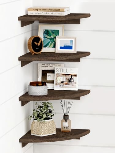 Forbena Floating Corner Shelves for Wall Set of 4, Small Corner Bookshelf for Bedroom Books, Round Wooden Corner Shelf Wall Mount for Bathroom Plants, Kitchen, Living Room Decor (Dark Brown) - Image 1