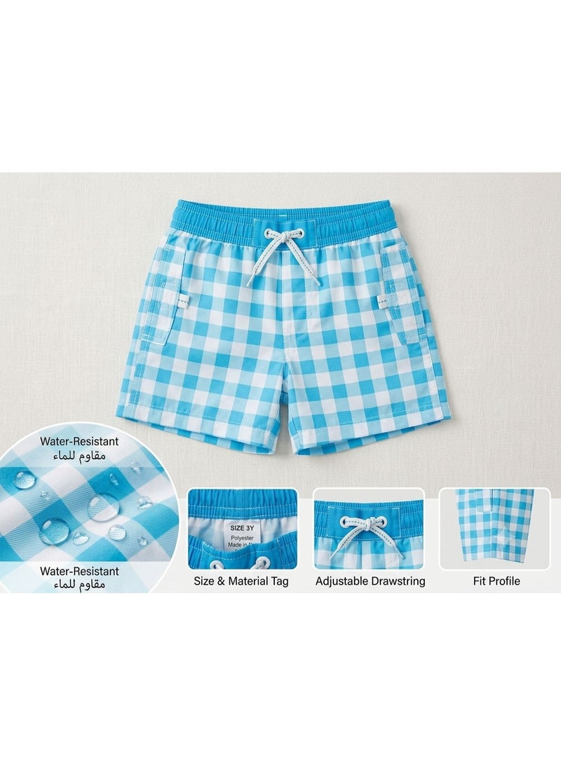 Boys' Blue Checkered Waterproof Swim Shorts, Size 3 Years