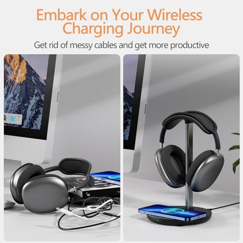HiWe Headphone Stand with Wireless Charger, Gaming Headset Holder Hanger Rack 2 IN 1 Wireless Charging Station Dock for iPhone 15/14/13/12/11 Series, Samsung, AirPods Pro/3/2 and Desk All Headphones, Black - Image 5