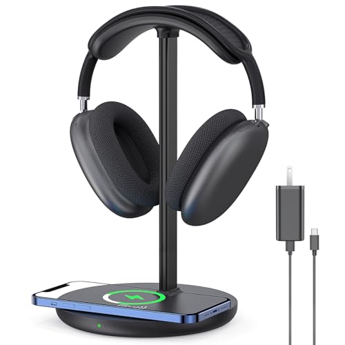 HiWe Headphone Stand with Wireless Charger, Gaming Headset Holder Hanger Rack 2 IN 1 Wireless Charging Station Dock for iPhone 15/14/13/12/11 Series, Samsung, AirPods Pro/3/2 and Desk All Headphones, Black - Image 1