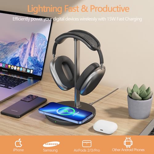HiWe Headphone Stand with Wireless Charger, Gaming Headset Holder Hanger Rack 2 IN 1 Wireless Charging Station Dock for iPhone 15/14/13/12/11 Series, Samsung, AirPods Pro/3/2 and Desk All Headphones, Black - Image 3