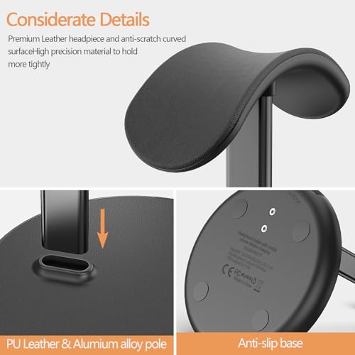 HiWe Headphone Stand with Wireless Charger, Gaming Headset Holder Hanger Rack 2 IN 1 Wireless Charging Station Dock for iPhone 15/14/13/12/11 Series, Samsung, AirPods Pro/3/2 and Desk All Headphones, Black - Image 2