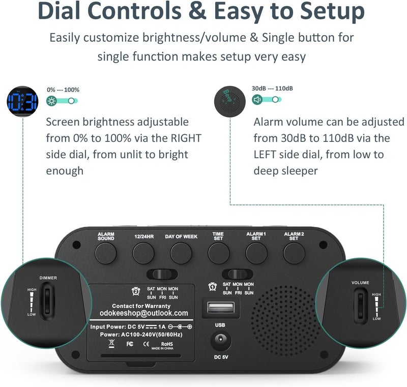 Odokee Digital Dual Alarm Clock for Bedroom, Easy to Set, 0-100% Dimmer, USB Charger, 5 Sounds Adjustable Volume, Weekday/Weekend Mode, Snooze, 12/24Hr, Battery Backup, Compact for Bedside(Blue) - Image 2