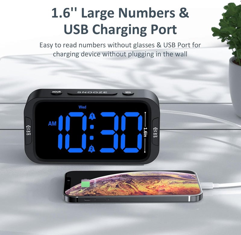 Odokee Digital Dual Alarm Clock for Bedroom, Easy to Set, 0-100% Dimmer, USB Charger, 5 Sounds Adjustable Volume, Weekday/Weekend Mode, Snooze, 12/24Hr, Battery Backup, Compact for Bedside(Blue) - Image 5