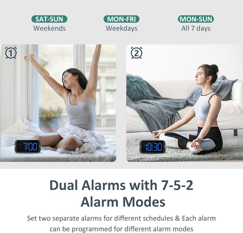 Odokee Digital Dual Alarm Clock for Bedroom, Easy to Set, 0-100% Dimmer, USB Charger, 5 Sounds Adjustable Volume, Weekday/Weekend Mode, Snooze, 12/24Hr, Battery Backup, Compact for Bedside(Blue) - Image 3