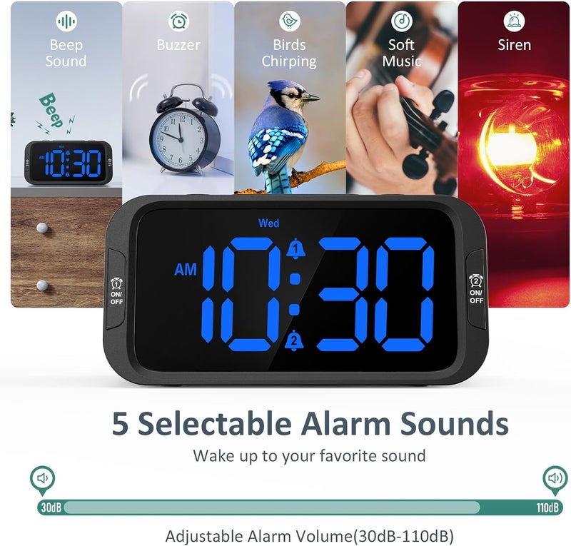 Odokee Digital Dual Alarm Clock for Bedroom, Easy to Set, 0-100% Dimmer, USB Charger, 5 Sounds Adjustable Volume, Weekday/Weekend Mode, Snooze, 12/24Hr, Battery Backup, Compact for Bedside(Blue) - Image 4