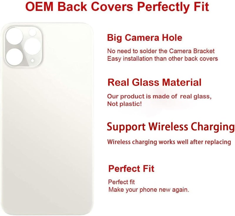 Perzework استبدال زجاج خلفي أصلي لجهاز آيفون 11 برو 5.8 بوصة مع مجموعة أدوات الإصلاح ومواد لاصقة مثبتة مسبقًا (فضي) - Image 3