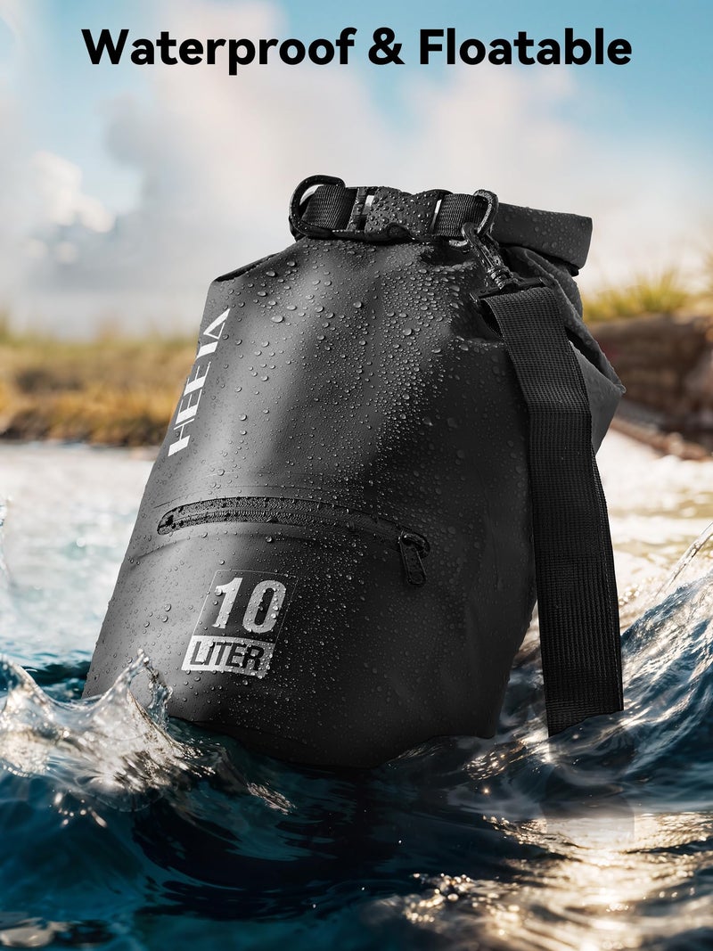 HEETA Waterproof Dry Bag with Front Zippered Pocket for Women Men, 5L/10L/20L/30L/40L Roll Top Lightweight Dry Storage Bag Backpack for Travel, Kayaking, Boating, Rafting, Camping, Beach (Black, 5L) - Image 3