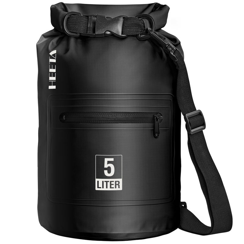 HEETA Waterproof Dry Bag with Front Zippered Pocket for Women Men, 5L/10L/20L/30L/40L Roll Top Lightweight Dry Storage Bag Backpack for Travel, Kayaking, Boating, Rafting, Camping, Beach (Black, 5L) - Image 1