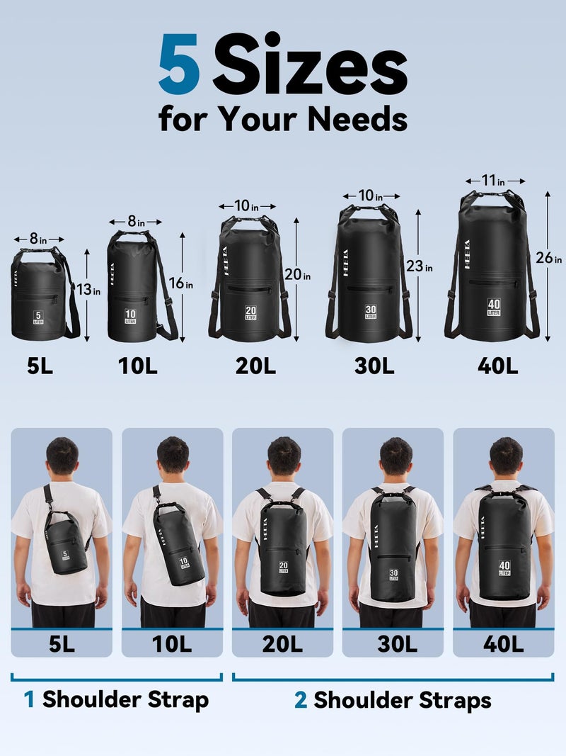 HEETA Waterproof Dry Bag with Front Zippered Pocket for Women Men, 5L/10L/20L/30L/40L Roll Top Lightweight Dry Storage Bag Backpack for Travel, Kayaking, Boating, Rafting, Camping, Beach (Black, 5L) - Image 2