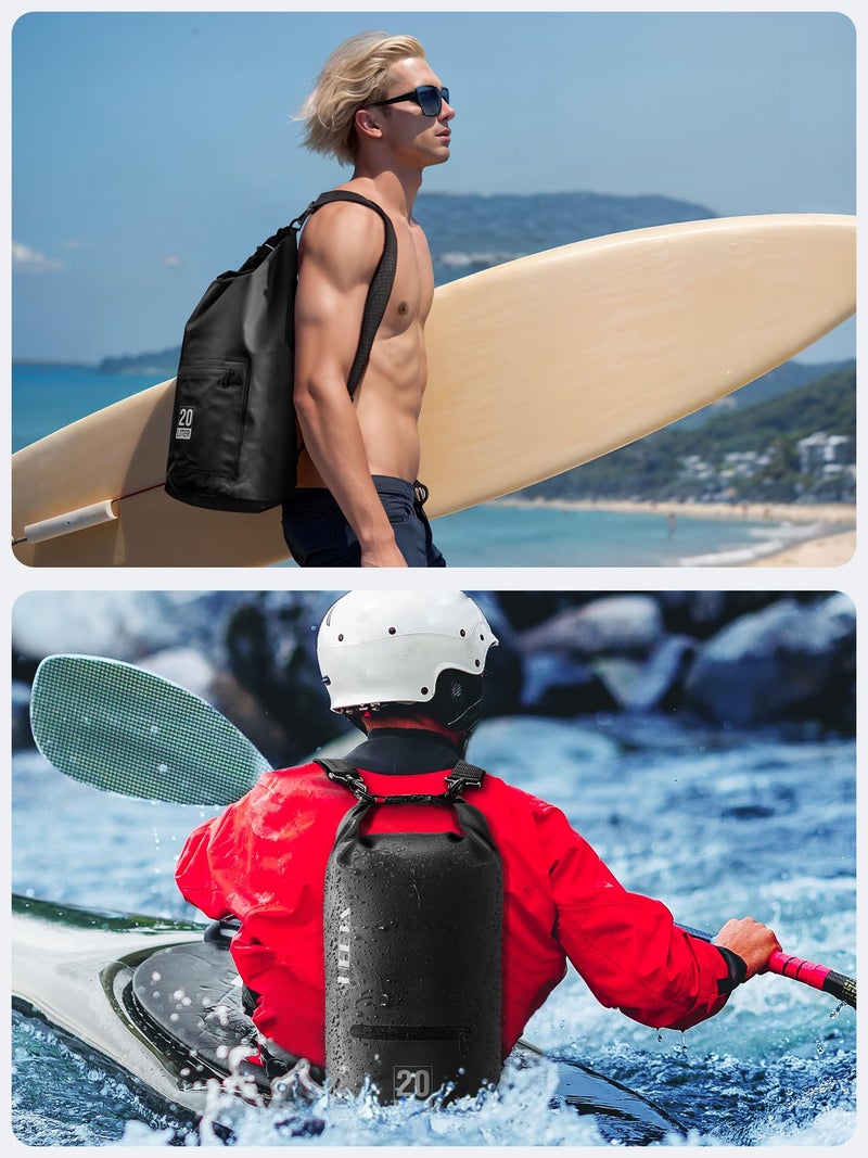 HEETA Waterproof Dry Bag with Front Zippered Pocket for Women Men, 5L/10L/20L/30L/40L Roll Top Lightweight Dry Storage Bag Backpack for Travel, Kayaking, Boating, Rafting, Camping, Beach (Black, 5L) - Image 5
