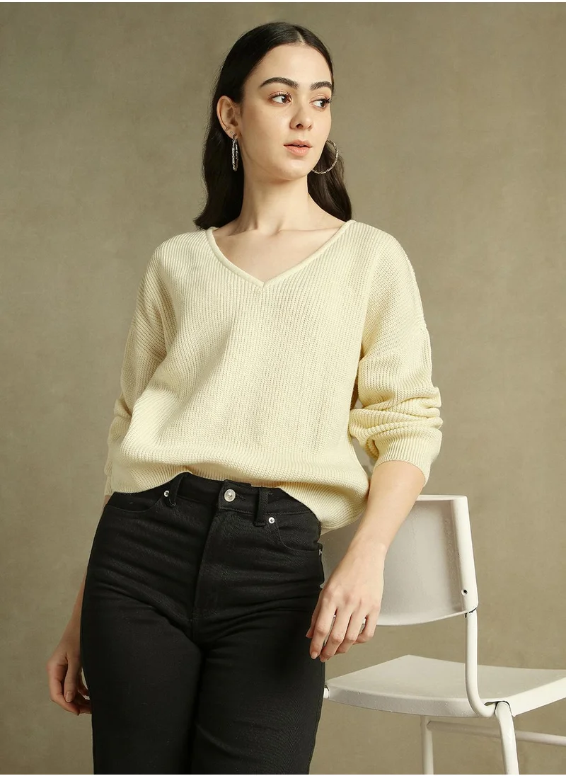 Dennis Lingo Women's Off White 100% Acrylic Solid Regular Fit Sweater