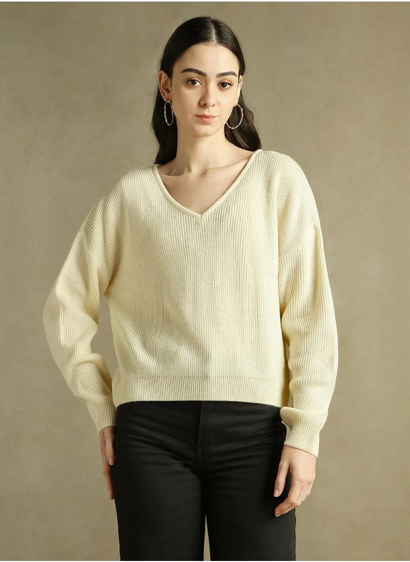 دينيس لينغو Women's Off White 100% Acrylic Solid Regular Fit Sweater