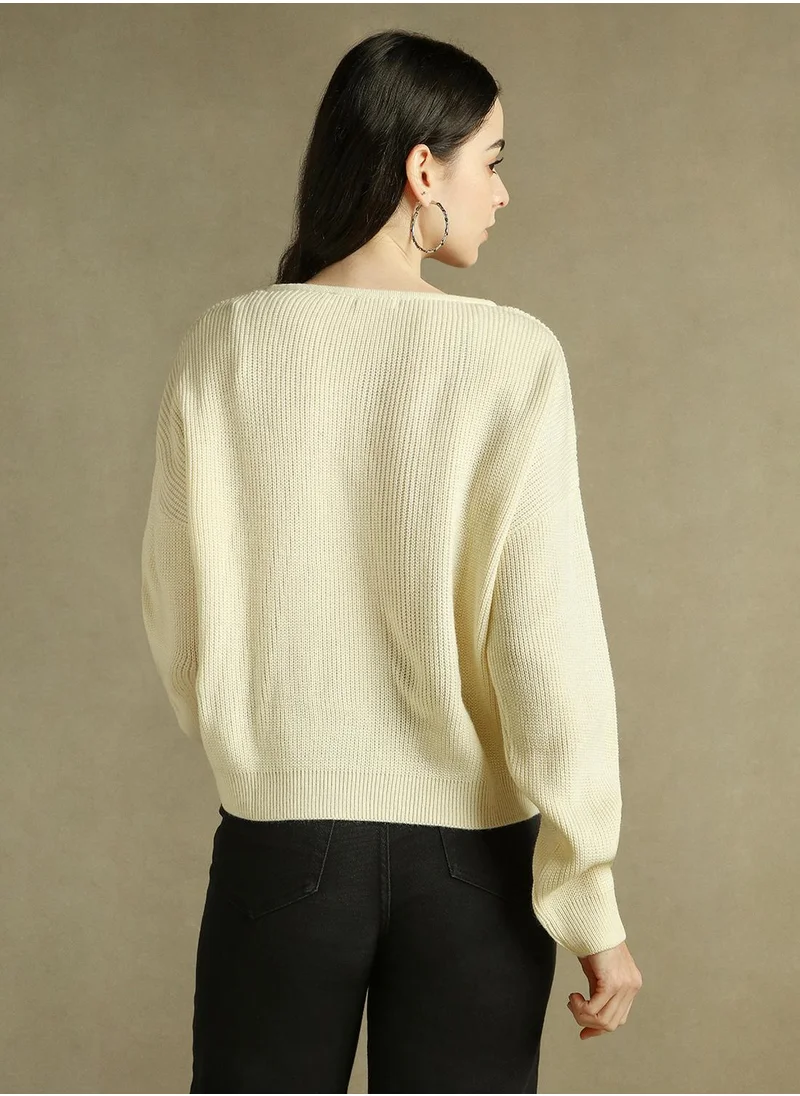 دينيس لينغو Women's Off White 100% Acrylic Solid Regular Fit Sweater