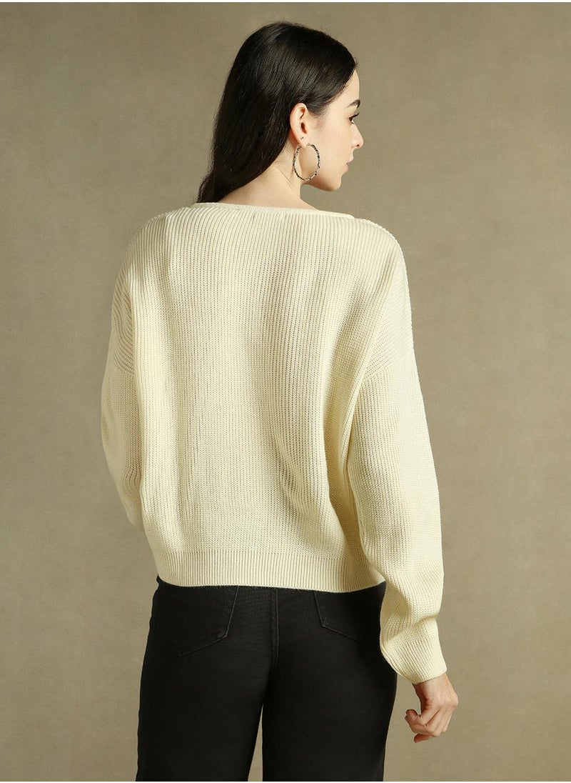 Dennis Lingo Women's Off White 100% Acrylic Solid Regular Fit Sweater  - Image 3