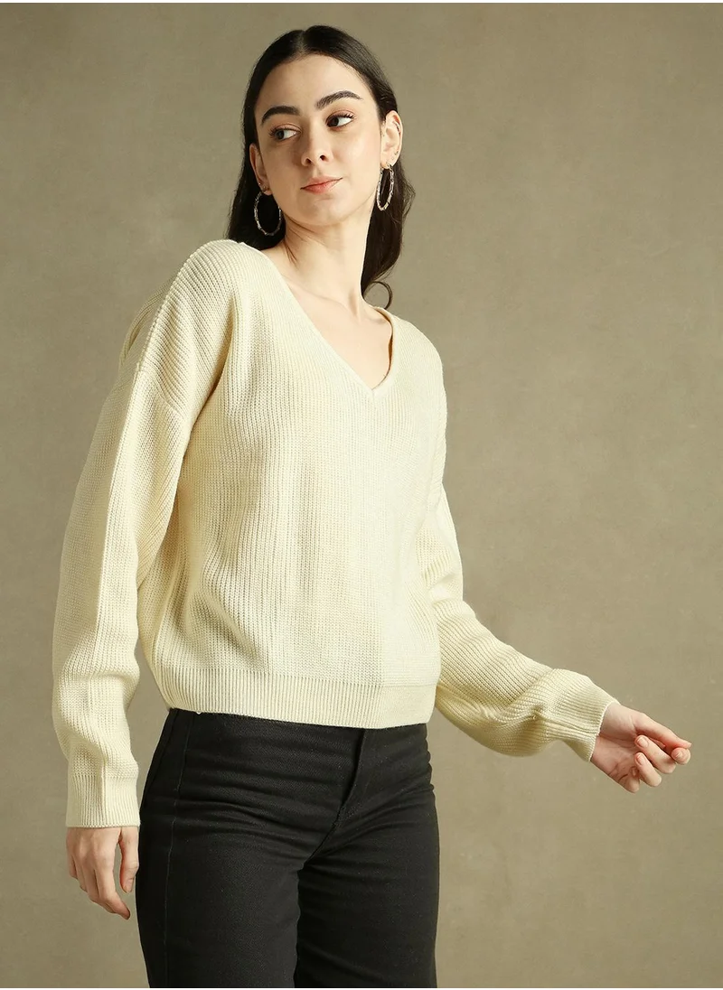 Dennis Lingo Women's Off White 100% Acrylic Solid Regular Fit Sweater