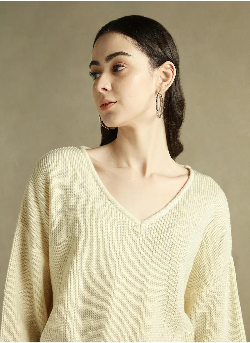 دينيس لينغو Women's Off White 100% Acrylic Solid Regular Fit Sweater