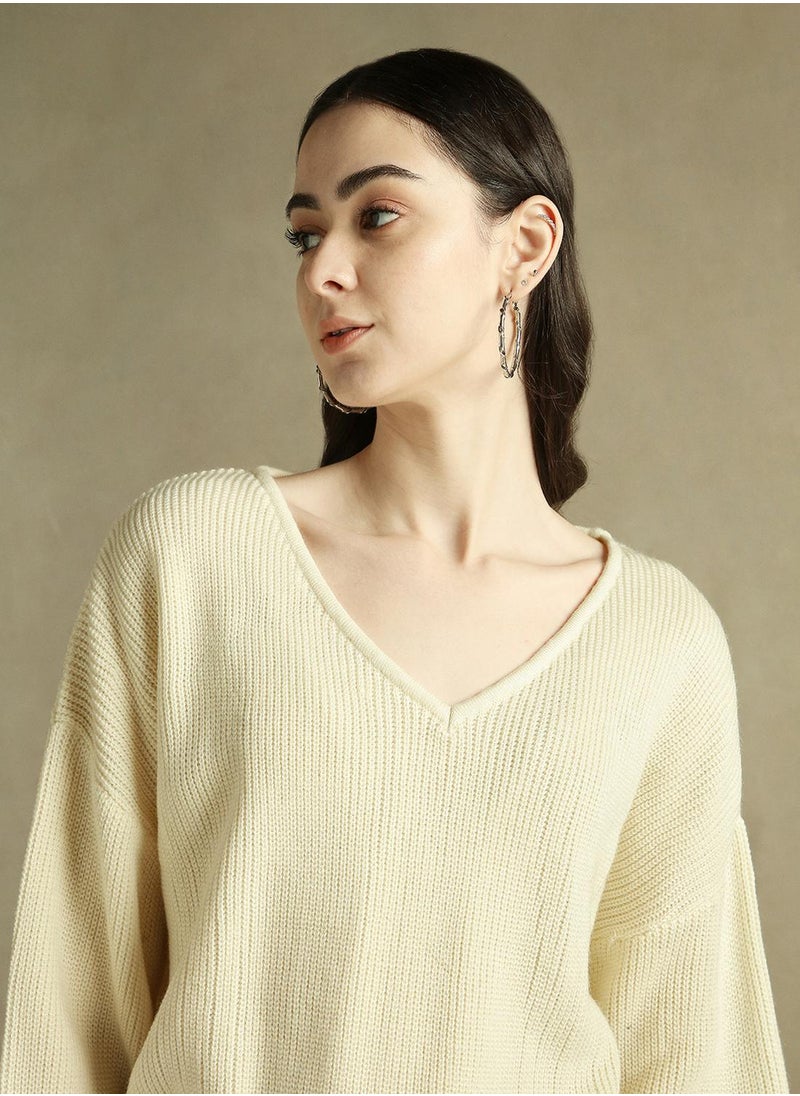 Dennis Lingo Women's Off White 100% Acrylic Solid Regular Fit Sweater  - Image 4