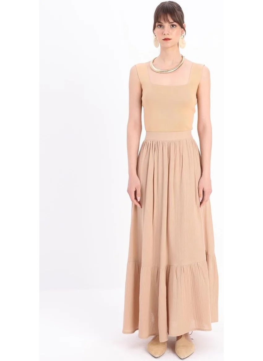 Allday BEIGE-100% Cotton Flared Skirt