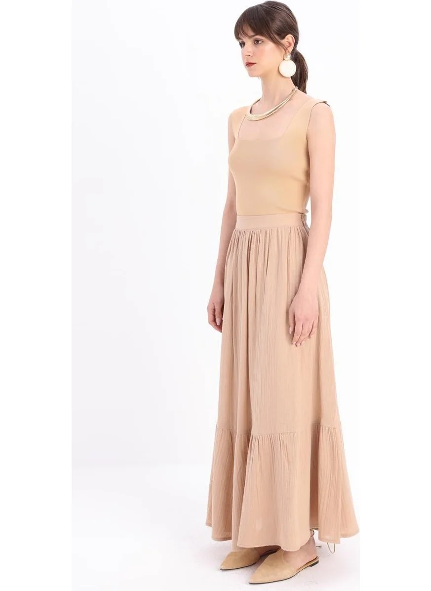 Allday BEIGE-100% Cotton Flared Skirt