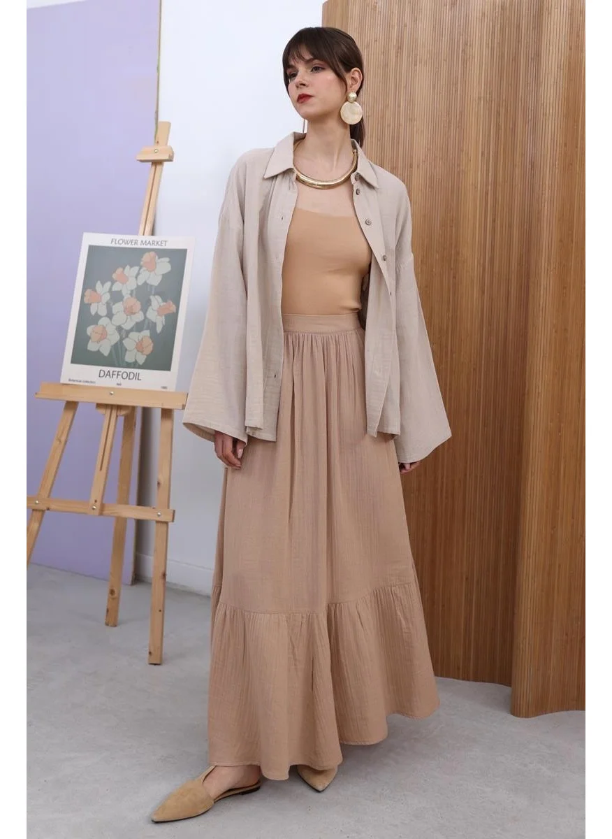 Allday BEIGE-100% Cotton Flared Skirt