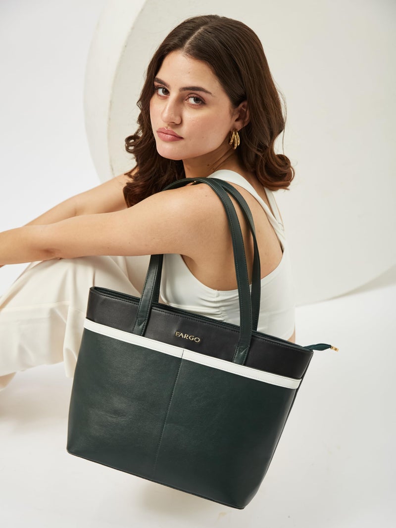 Fargo Stride Green Tote Bag for Women | Spacious Vegan Leather Shoulder Bag with YKK Zipper | Large Handbag for Office, College, Casual Use | Made in India - Image 3