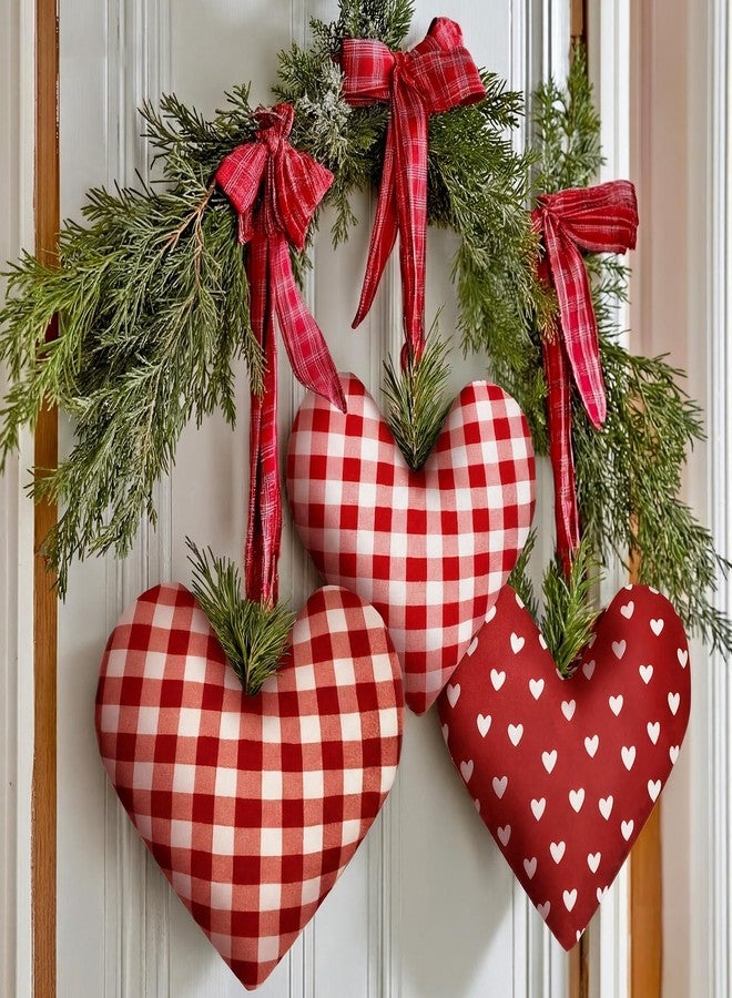Vertintong 3 Pcs Large Valentine's Day Heart Ornaments for Front Door Rustic Heart Shape Red 3D Fabric Ornaments Hanging Decoration for Valentine's Day Weddings Party Door Wall Decor - Image 2