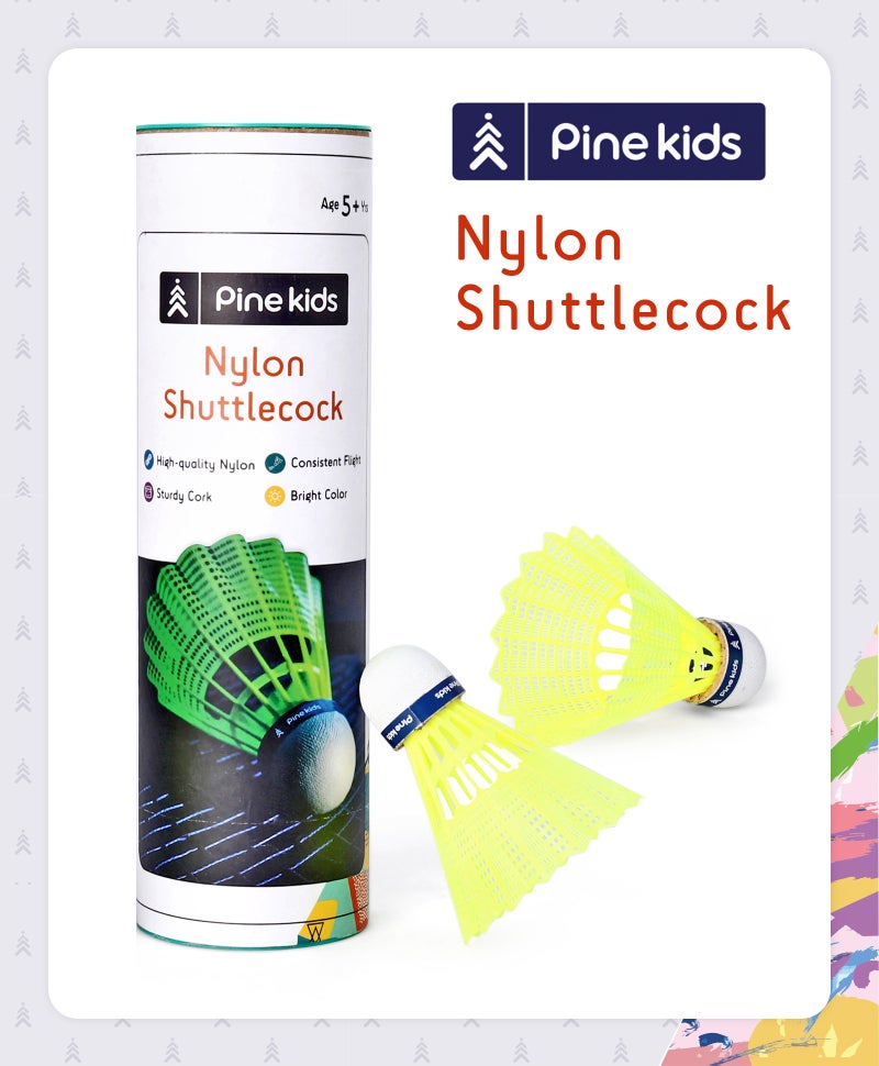 Pine Kids Nylon Shuttle Pack of 6 - Durable Indoor/Outdoor Badminton Equipment for Children, High Visibility Yellow Feathered, 5+ Years - Image 1