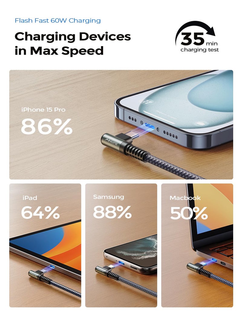 AINOPE USB C to USB C Cable 10FT 2Pack 60W Type C Cable Righe Angle for iPhone 16 Pro Max Charger Fast Charging Long Charger Cord Cable 10FT Compatible with iPhone 16 MacBook iPad Pro Airpods Pixel - Image 5