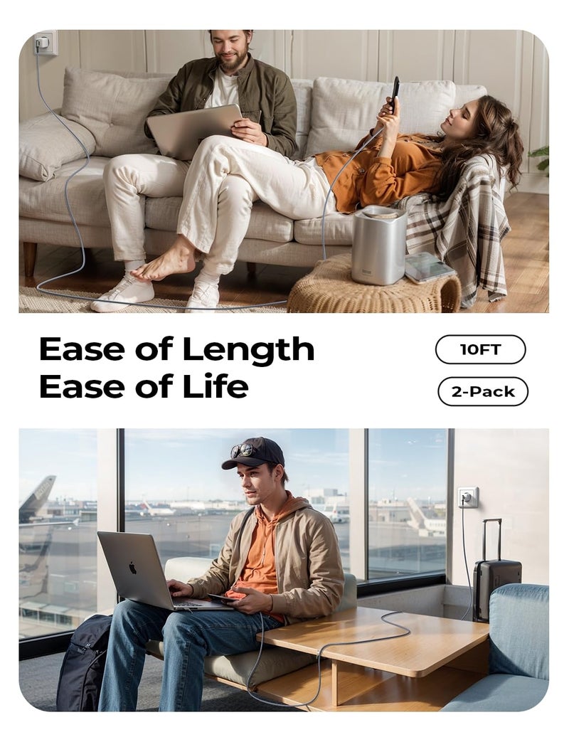 AINOPE USB C to USB C Cable 10FT 2Pack 60W Type C Cable Righe Angle for iPhone 16 Pro Max Charger Fast Charging Long Charger Cord Cable 10FT Compatible with iPhone 16 MacBook iPad Pro Airpods Pixel - Image 2