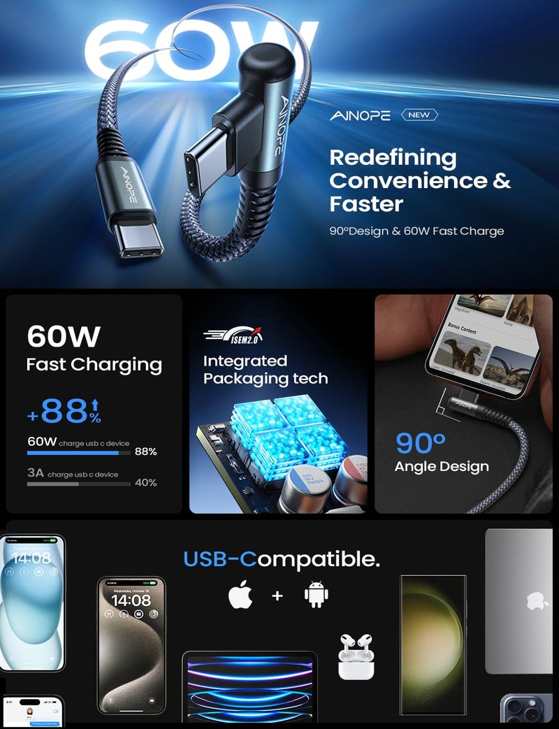 AINOPE USB C to USB C Cable 10FT 2Pack 60W Type C Cable Righe Angle for iPhone 16 Pro Max Charger Fast Charging Long Charger Cord Cable 10FT Compatible with iPhone 16 MacBook iPad Pro Airpods Pixel - Image 3