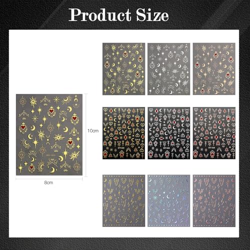 TecoKart® 9 Sheets Moon & Star Nail Art Kit for Women – Metallic Gold Silver Nail Stickers for Nail Art, Self-Adhesive Y2K Nail Art Stickers - Image 2