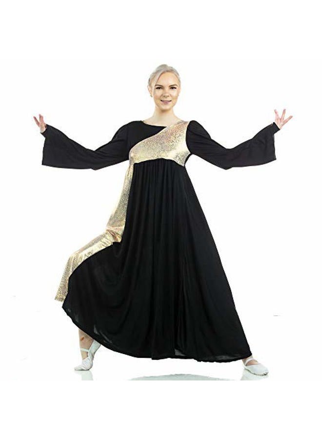 Danzcue Womens Shimmery Asymmetrical Bell Sleeve Dance Dress (Small, Black-Gold) - Image 3