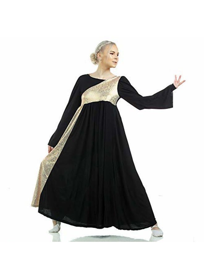 Danzcue Womens Shimmery Asymmetrical Bell Sleeve Dance Dress (Small, Black-Gold) - Image 2