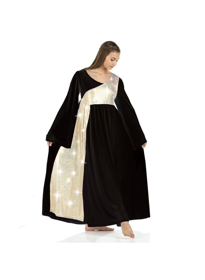 Danzcue Womens Shimmery Asymmetrical Bell Sleeve Dance Dress (Small, Black-Gold) - Image 1