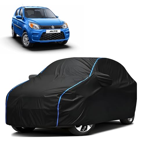 Kerwa Water Resistant Car Cover Compatible with Maruti Alto 800, Dust & UV Resistant All-Weather Proof Full Body Cover, Black with Blue Lining, Triple Stitch Elasticated Bottom with Mirror Pocket - Image 1