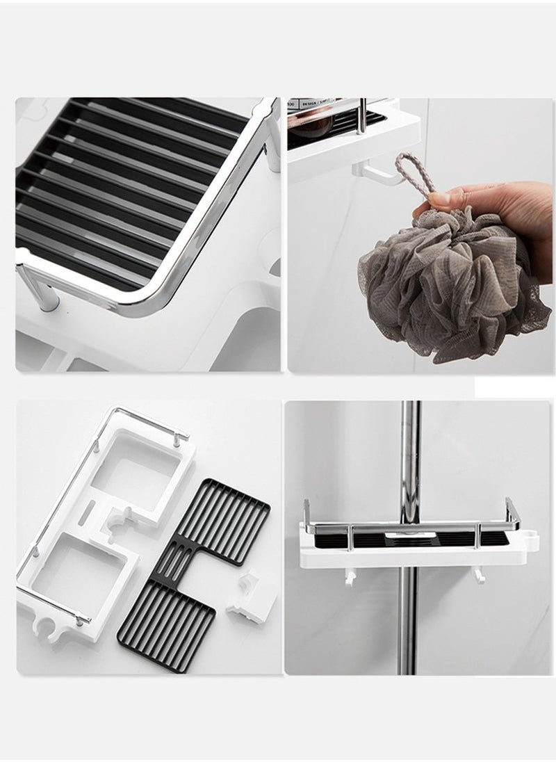 Adjustable No Hole Shower Shelf - Bathroom Storage Organizer with Shower Tray, Towel Hooks & Bath Ball Holder, Space-Saving & Waterproof Design for Modern Bathrooms